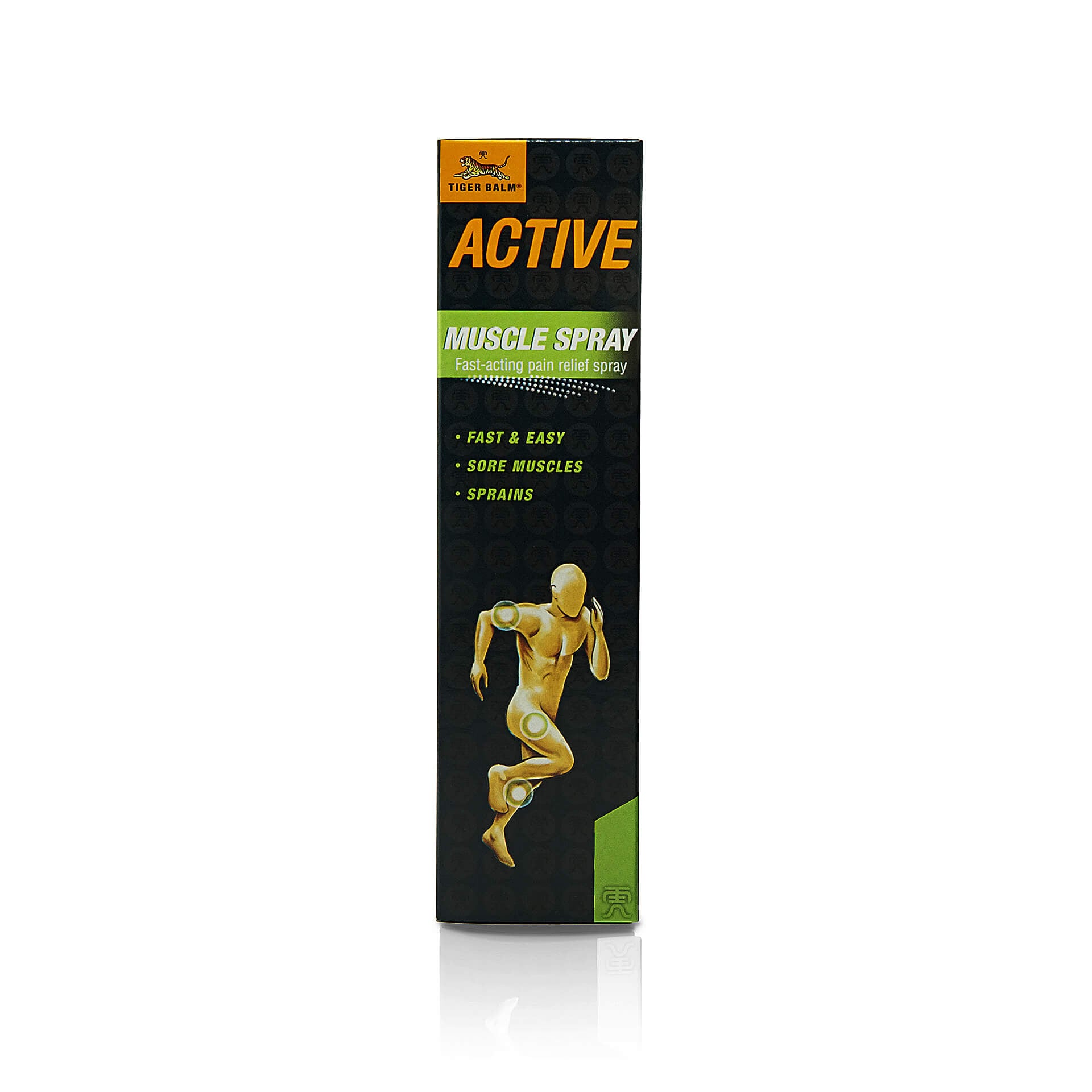Tiger Balm Active Muscle Spray - Front View of Packaging: A close look at the front of the packaging for Tiger Balm Active Muscle Spray.