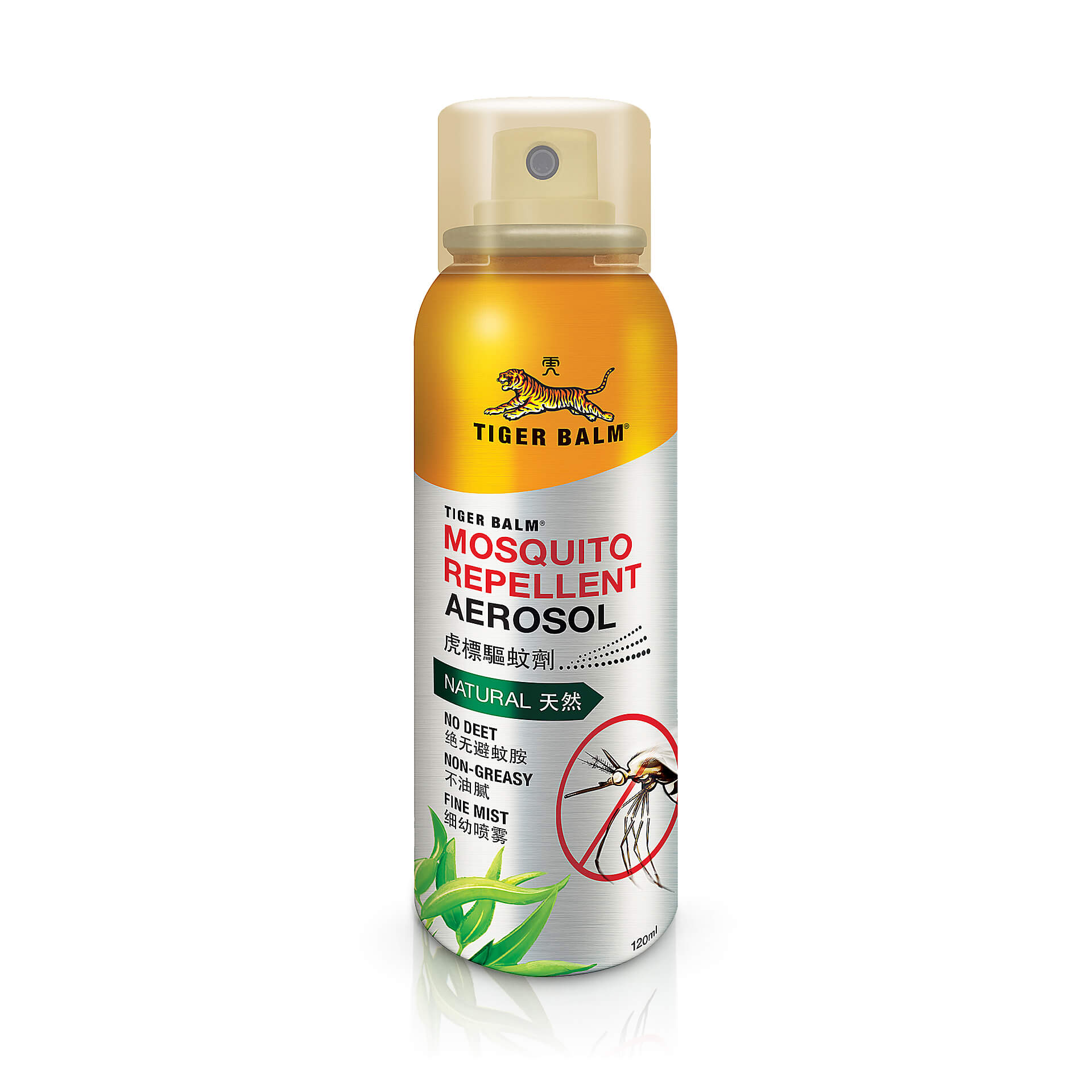 Tiger Balm Mosquito Repellent Aerosol - Front Product View: A close look at the front of the Tiger Balm Mosquito Repellent Aerosol can.